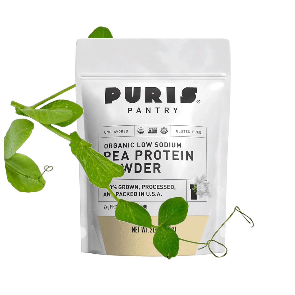 PURIS Pea Protein powder in branded bag with pea vine.